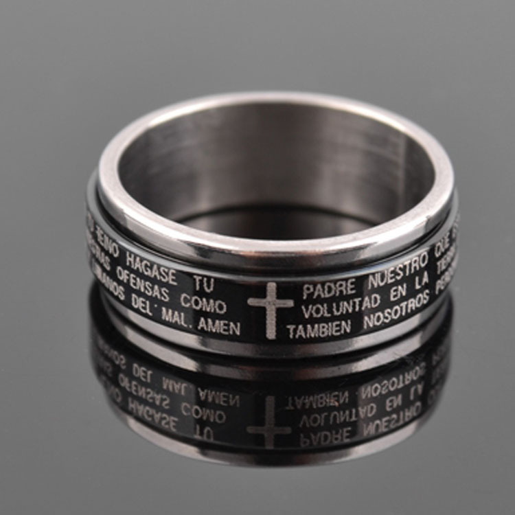 特价热卖日韩个性钛钢指环 饰品十字架经文双层转动男士戒指