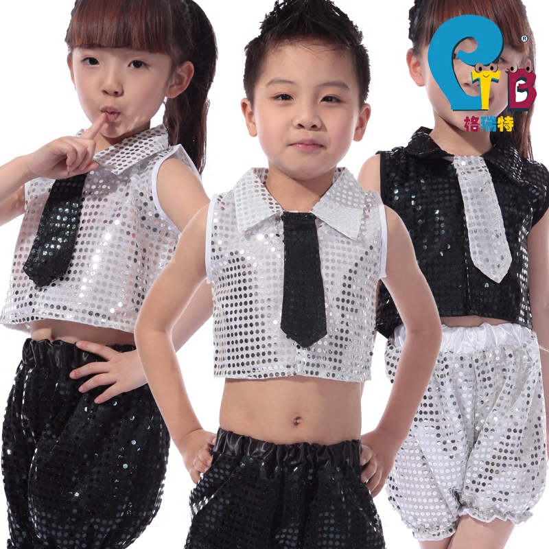 儿童演出服装舞蹈服现代舞男童女童爵士舞街舞亮片表演服装领带