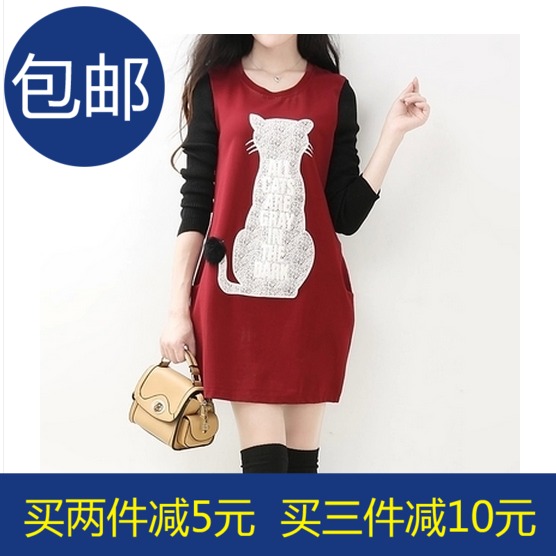 韩版2015春季新款女装圆领猫咪图案中长款长袖打底衫T恤时尚女潮
