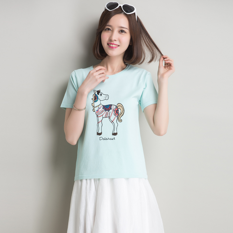 冰绒玫短袖T恤女夏 圆领小马动物图案印花修身纯色韩版针织打底衫