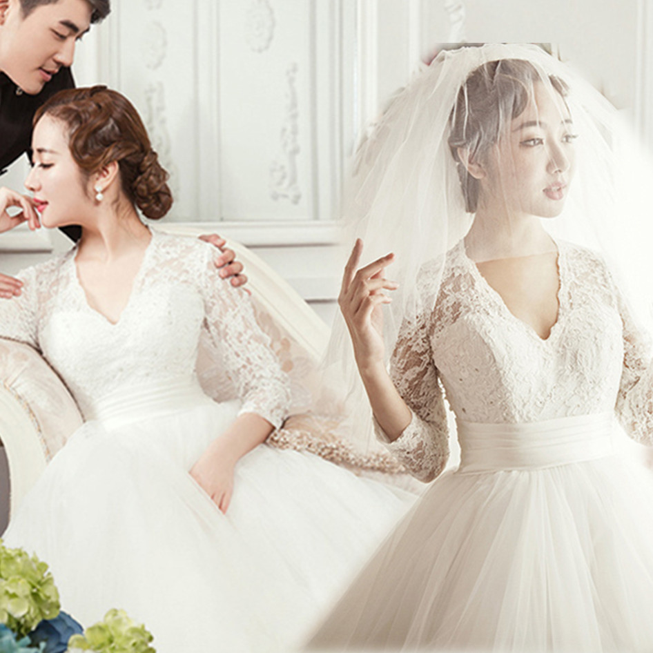 长袖一字肩2015冬季新款结婚新娘婚纱礼服孕妇韩版蕾丝显瘦女婚纱