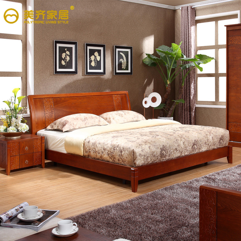 美齐 简约现代新中式家具榆木实木床婚床 双人床1.5米1.8米 特价