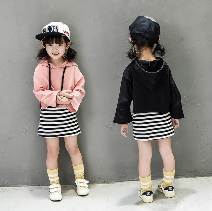 2016秋季韩版纯色女童连帽上衣+条纹T恤假两件套童装背带连衣裙