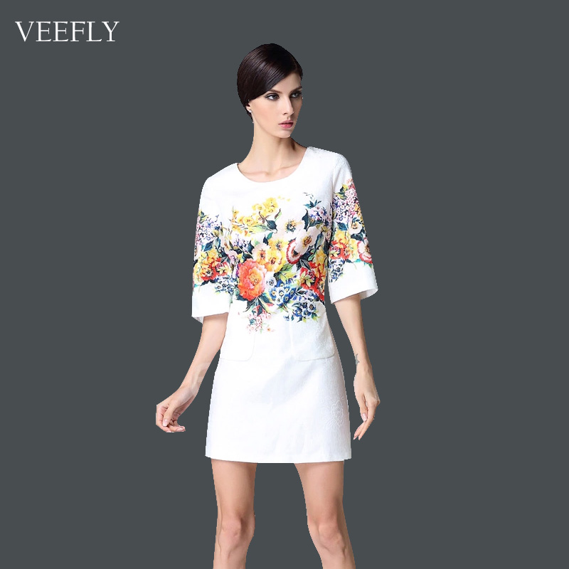 veefly连衣裙欧洲站奢华大牌2015春装复古印花修身显瘦中袖短裙子