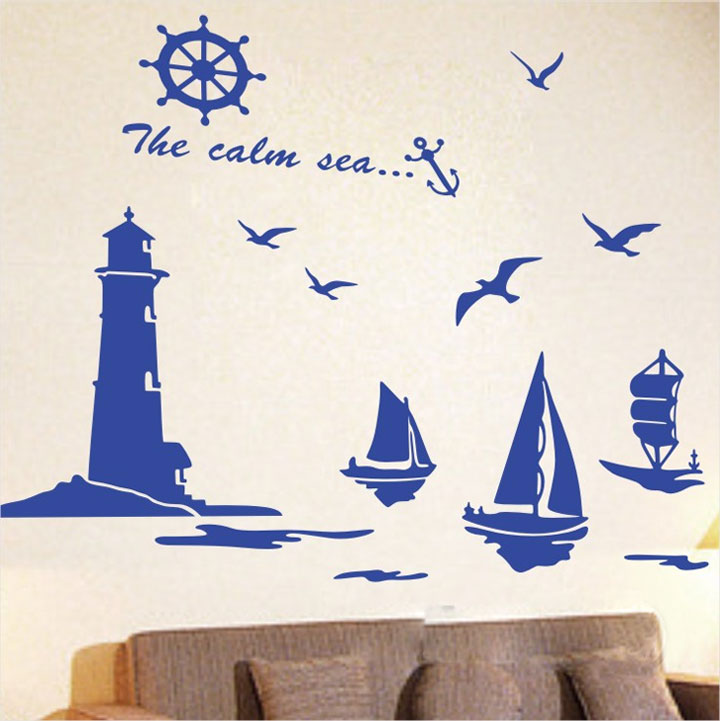 包邮地中海灯塔墙贴画 帆船海鸥客厅沙发墙卧室地中海装饰墙贴纸