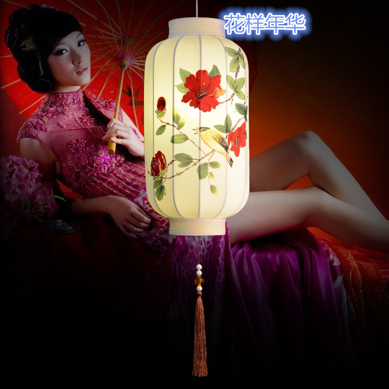 中式仿古灯笼手绘国画古典艺术灯具简约客厅餐厅茶楼布艺装饰吊灯