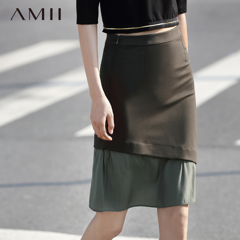 Amii[极简主义] 2016夏新品修身纯色拉链斜拼下摆半身裙11670745