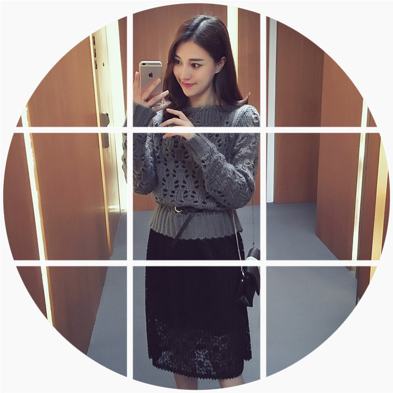 2016秋冬装新款韩版蕾丝吊带连衣裙女针织两件套中长款纯色a字裙