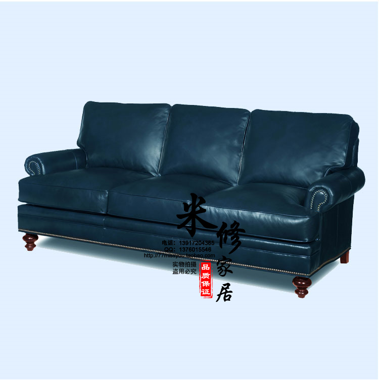 美式皮艺三人沙发油蜡蓝色做旧 欧式奢华高档三人客厅沙发可定制