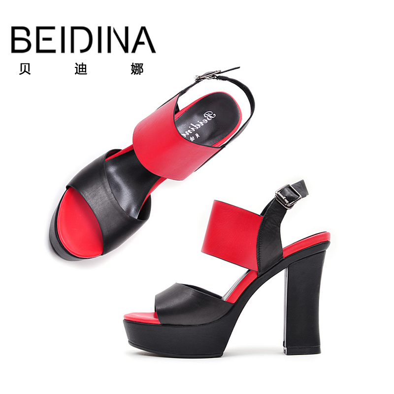 贝迪娜2015新款真皮绑带粗跟防水台鱼嘴女士厚底高跟凉鞋夏天性感