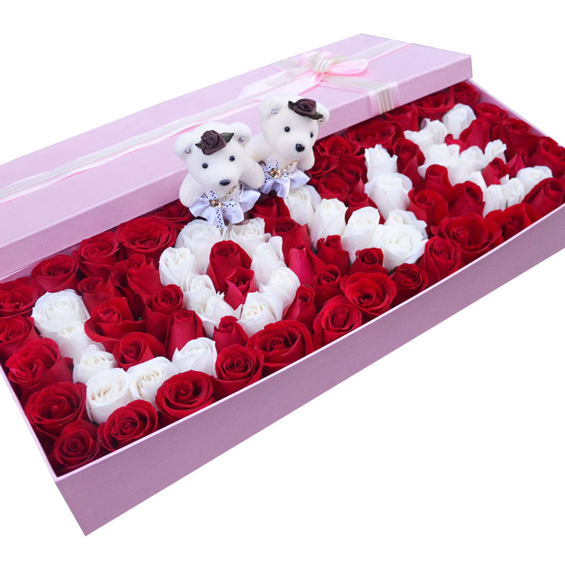 99朵love爱的红白玫瑰礼盒临沂兰山区同城区鲜花速递全国花店送花