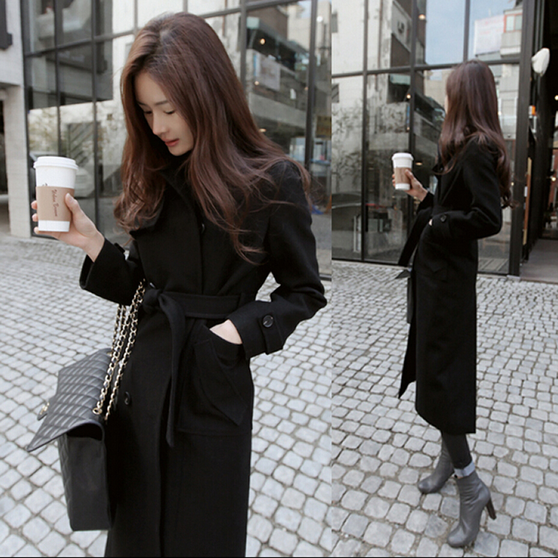 2015冬装新款韩版双排扣系带加厚羊绒黑色超长款毛呢子大衣外套女