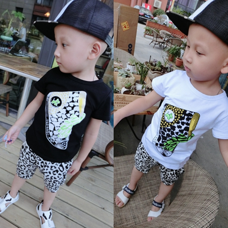 童装2016夏季新款韩版男童中小童时尚豹纹鞋子图案两件套
