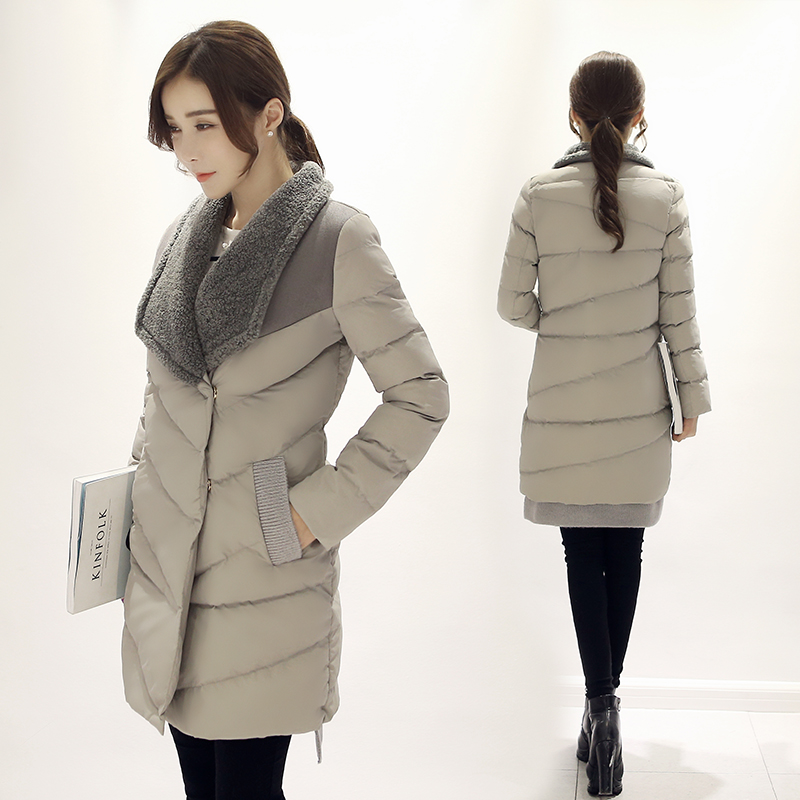 韩版冬装新款羊羔毛棉衣外套女中长款修身气质加厚翻领拼接棉服潮