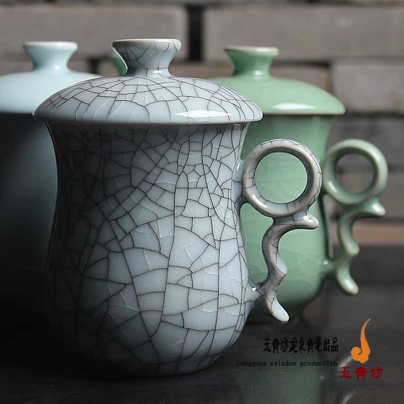 龙泉青瓷茶具带盖茶杯静心杯泡茶陶瓷创意情侣杯大茶杯泡茶水杯