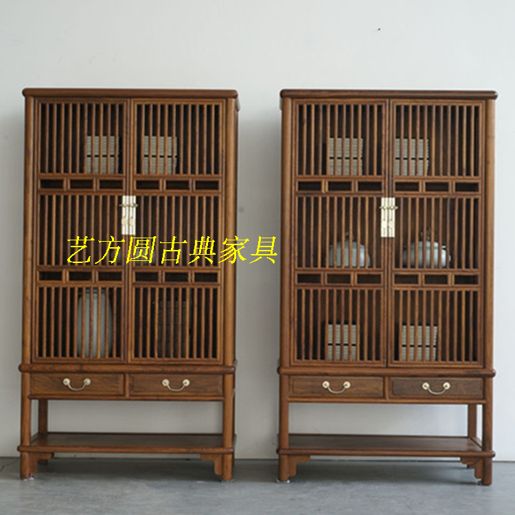 老榆木免漆家具 现代新中式古典流线储物柜博古架酒柜茶柜