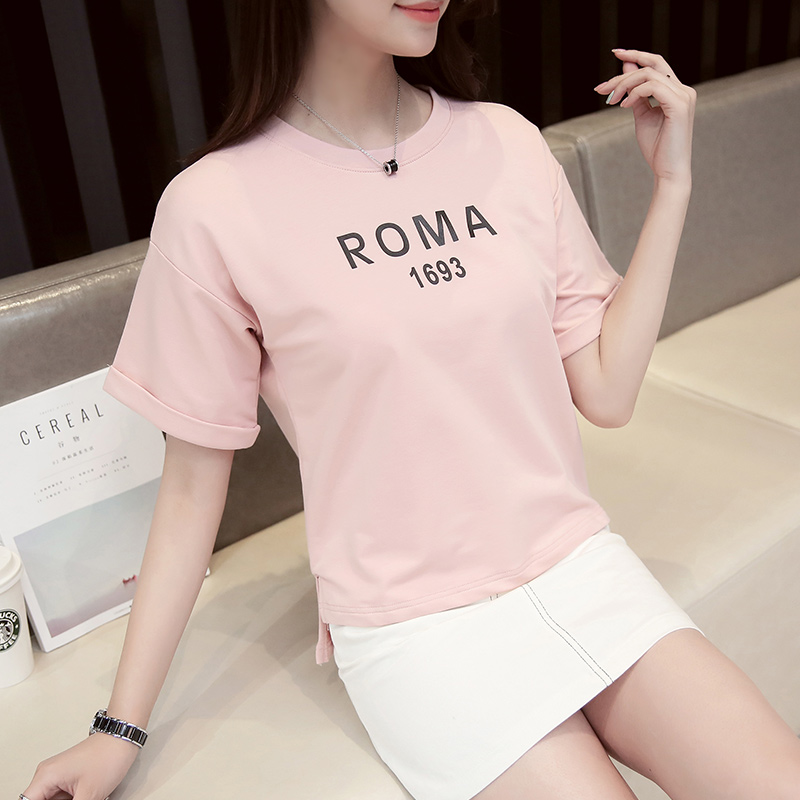 惊爆周岁圆领宽松夏季黑色印花创意字母韩版通勤粉红色短袖T恤