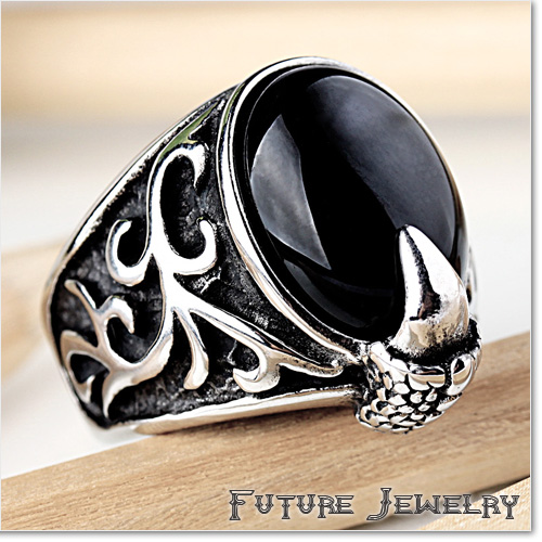 韩版霸气单身 图腾爪牙黑玛瑙石 男女士通用钛钢戒指环 特价包邮