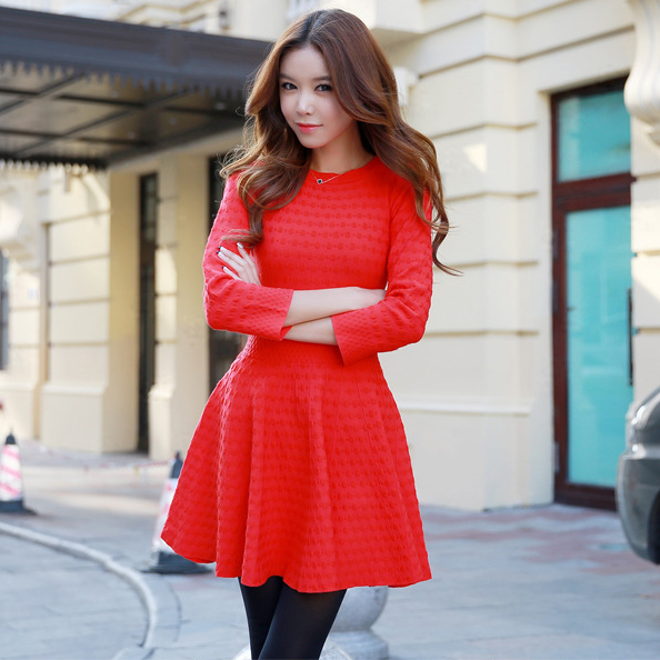2015秋冬装新款女装韩国名媛修身显瘦红色长袖连衣裙针织毛衣裙子