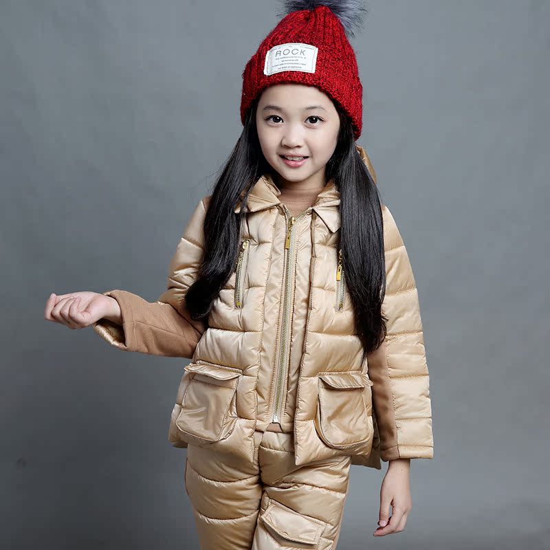 2015冬装新款儿童韩版中大童套装纯色加厚女童卫衣三件套休闲童装