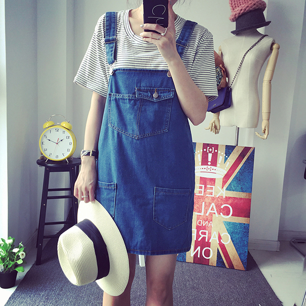 2015新款韩国可爱深蓝大口袋牛仔背带裙宽松连衣裙