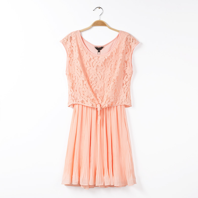 连衣裙 新款夏粉色镂空蕾丝罩衫纱网花朵雪纺两件套中长款 包邮