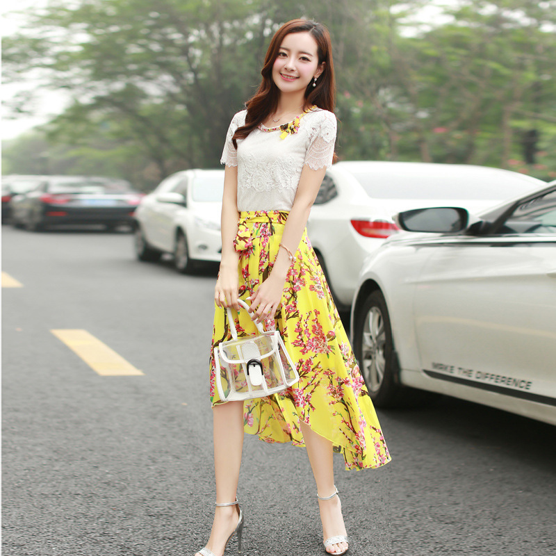 2015夏季新款女士韩版时尚修身显瘦圆领短袖假两件雪纺拼接连衣裙