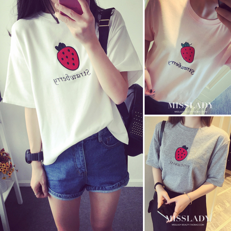 爆款2016夏季新款宽松圆领短袖女T恤韩版草莓大码半袖女学生女装
