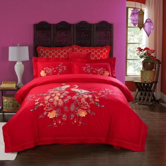 韩欧式加厚全棉色布婚庆四件套大红 纯棉结婚床上用品套件床品
