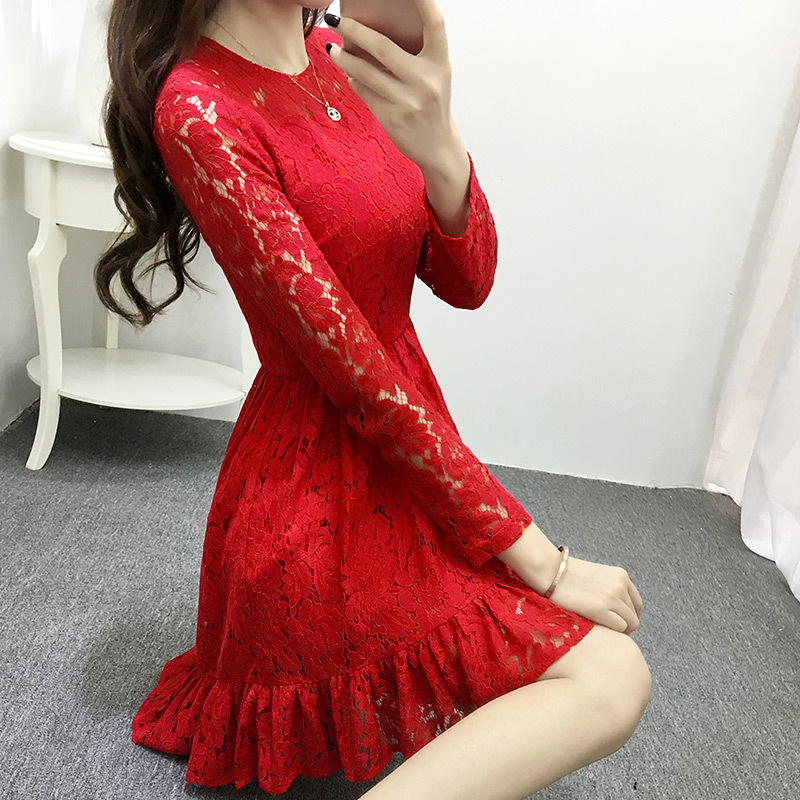 韩国代购2016春季新款女装小香风打底裙镂空红色蕾丝连衣裙女长袖