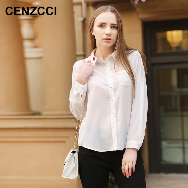 cenzcci2016年秋季新款 欧美衬衫雪纺绣花长袖修身白色衬衣女女