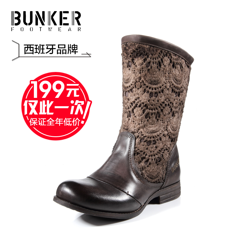 Bunker2016春季新款中筒靴女靴平底平跟粗跟真皮靴子长靴马丁靴