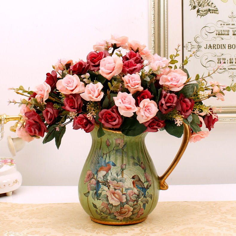 欧式家居装饰花绢花餐桌客厅假花玫瑰花仿真花套装花艺摆件高品质