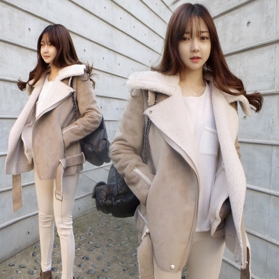 新款韩版修身大翻领中长款羊羔毛外套2015麂皮绒长款大衣外套女