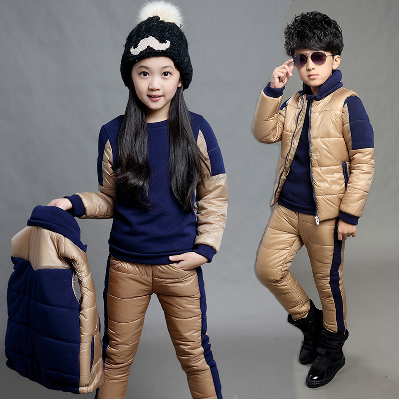 2015男童冬装韩版中大童套装女童棉衣三件套休闲拼色加厚儿童卫衣