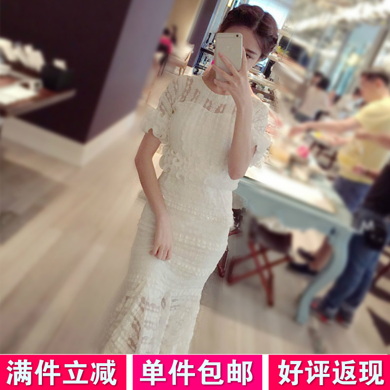 包邮2015夏季韩国新款短袖卷边上衣包臀鱼尾长裙两件套蕾丝连衣裙