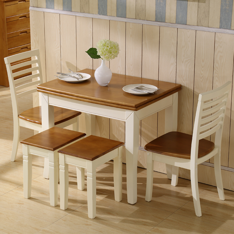 诗菲亚 餐桌椅组合折叠实木餐桌地中海美式乡村小户型烤漆饭桌