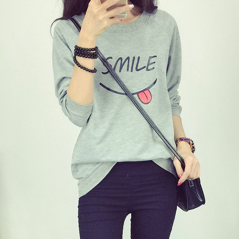 2015秋季韩版Smile百搭白色圆领中长款长袖宽松T恤字母印花打底衫