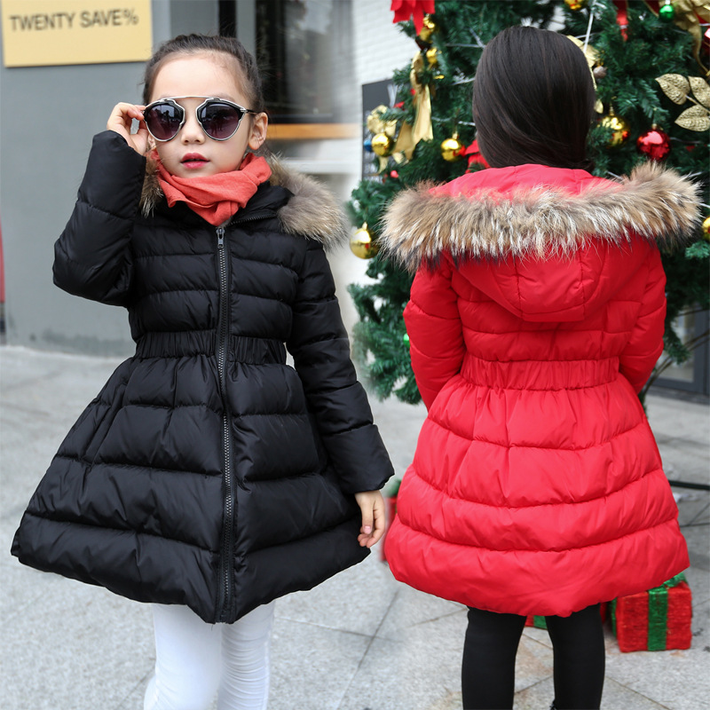 韩版冬季新款中大童加厚收腰毛领百搭外套连帽中长款棉衣女童棉服