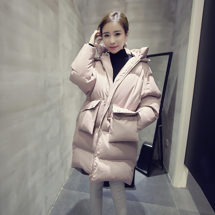 2015冬新款韩版口袋超保暖面包服连帽中长款宽松大码棉衣棉服女