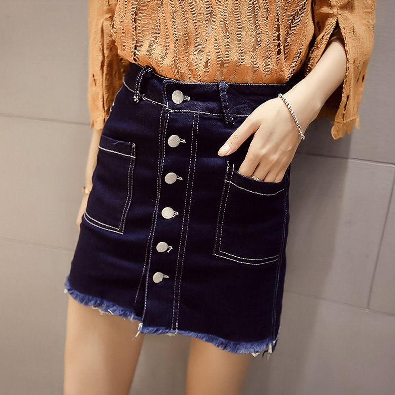 2016夏韩版新款高腰单排扣a字牛仔半身裙修身显瘦包臀短裙女B706