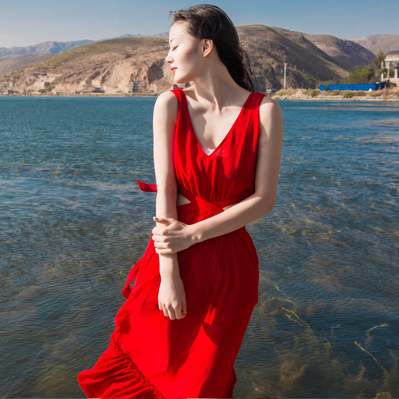 海边度假必备沙滩裙 夏季新款吊带红色V领超大摆长裙连衣裙仙女裙