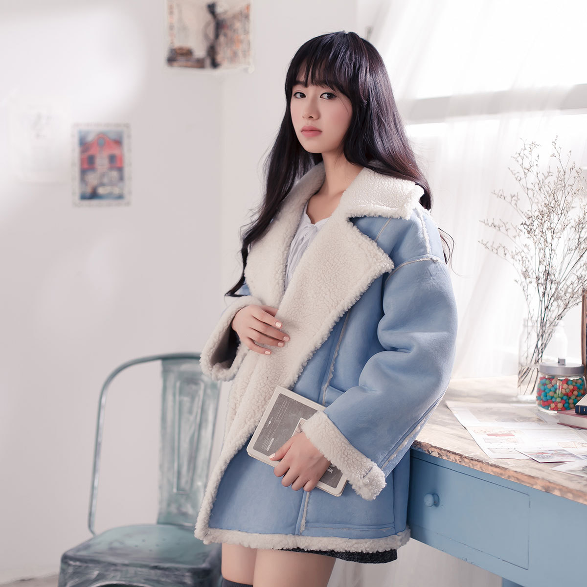 羊绒大衣棉服2015新款韩版羊羔毛呢子大衣女中长款麂皮羊羔毛外套