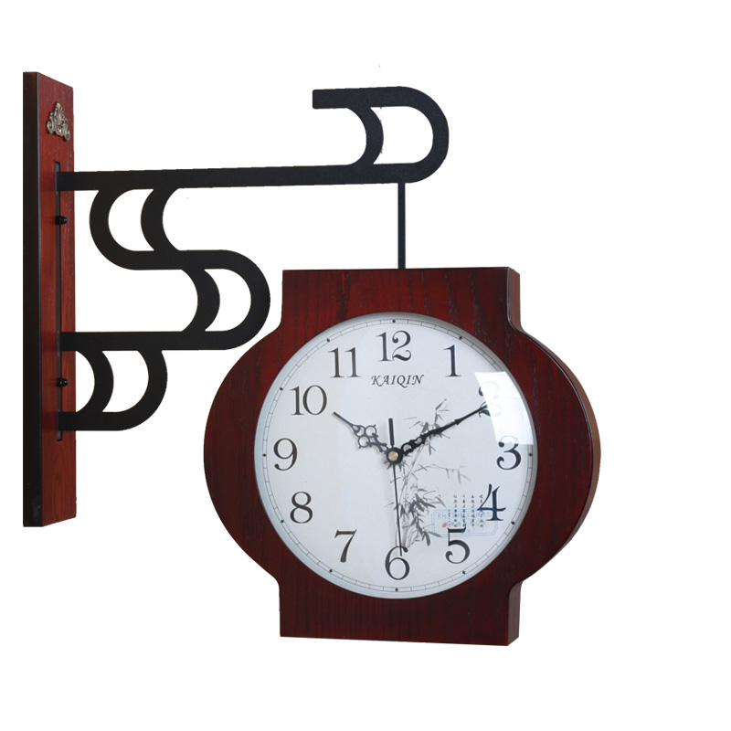 凯琴欧式实木双面挂钟创意静音金属新中式挂表家居客厅卧室时钟表
