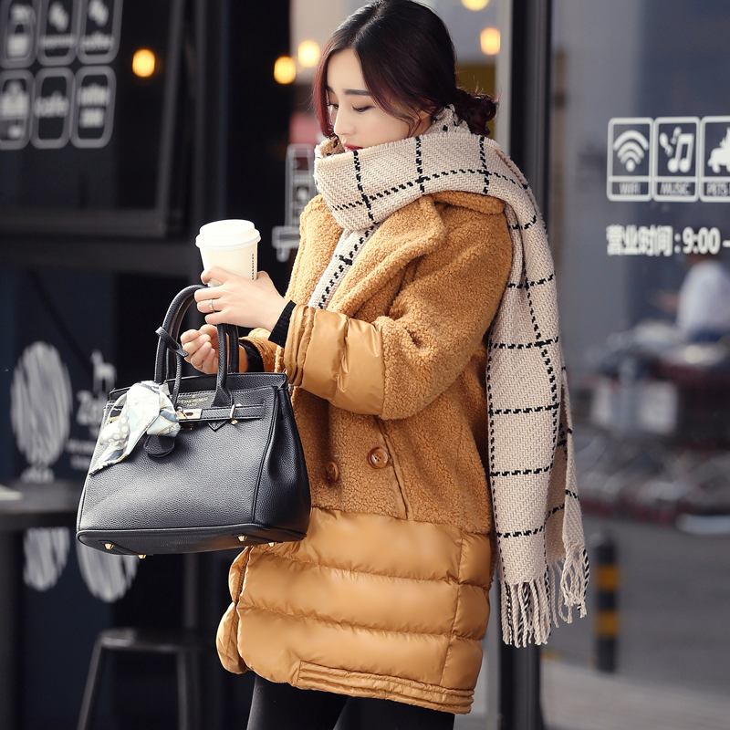 2015冬装新品女装毛呢拼接时尚棉衣中长款 韩版女士双排扣棉外套
