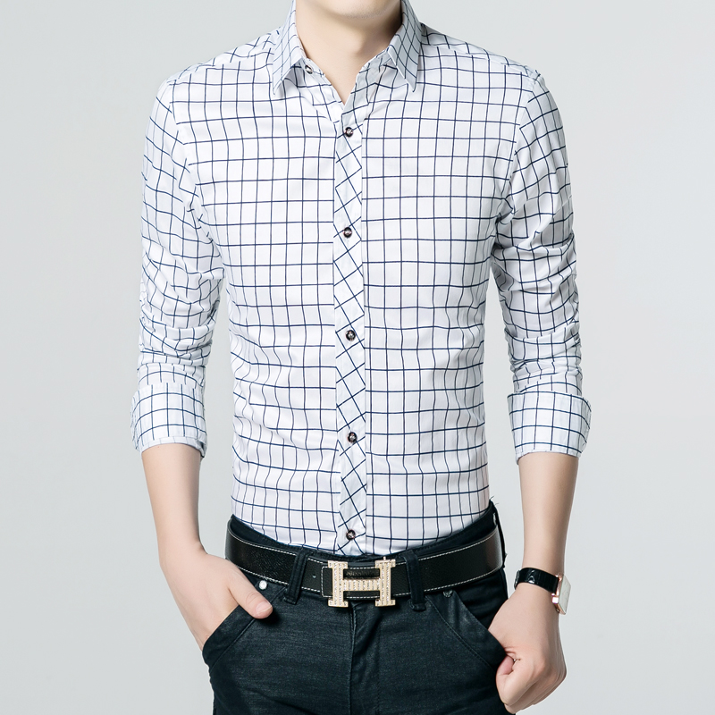 2016夏季男士丝光棉衬衫长袖修身大码韩版商务休闲格子印花衬衣潮