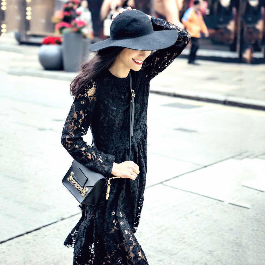 2015春夏新款 SAK 优雅古典蕾丝长袖连衣裙 法国进口水溶蕾丝