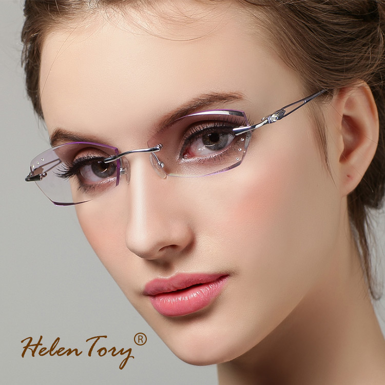 HelenTory纯钛切边眼镜女 无框 近视眼镜 眼镜框 配变色眼镜成品