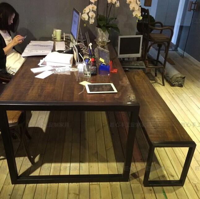 LOFT书桌 欧美复古铁艺电脑桌 实木办公桌工作台画桌 原木餐桌椅