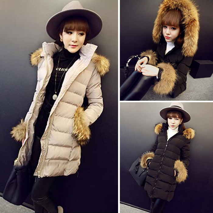 2015冬季韩版女款棉衣貉子毛领中长款羽绒棉服连帽修身加厚棉袄女